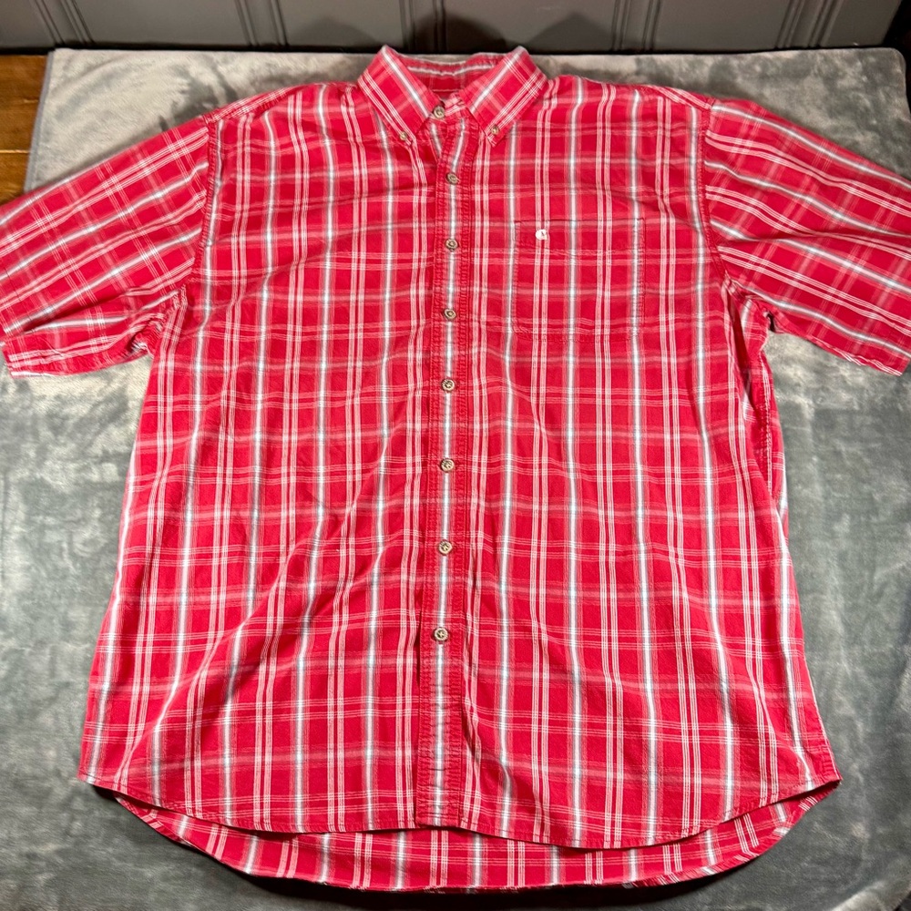 Carhartt Plaid 100% Cotton Short Sleeve Button Up Shirt Mens 2XL Tall Red, White